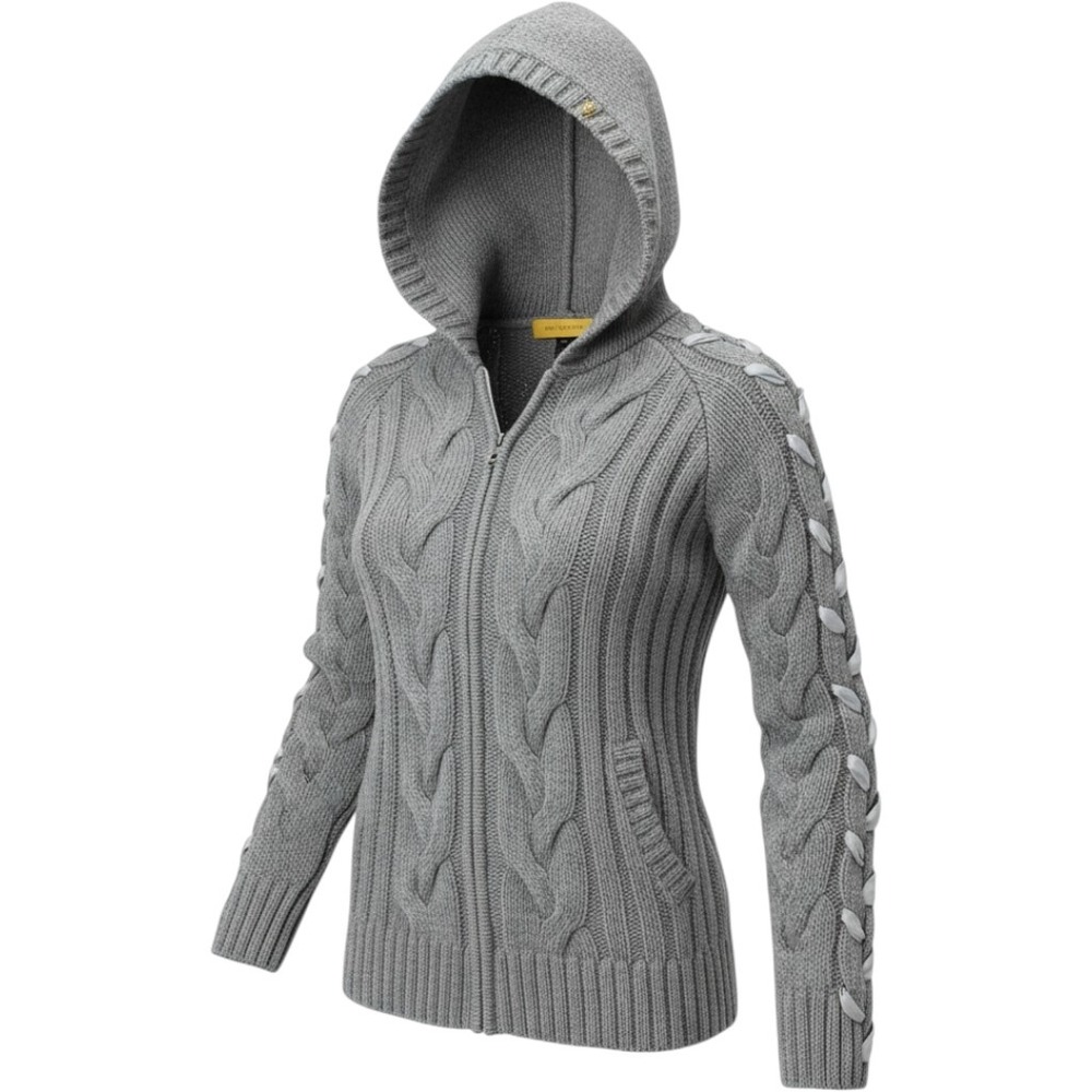 St John Womens M Wool Cable Knit Hoodie Zip Gray Ribbon Lace Sleeves